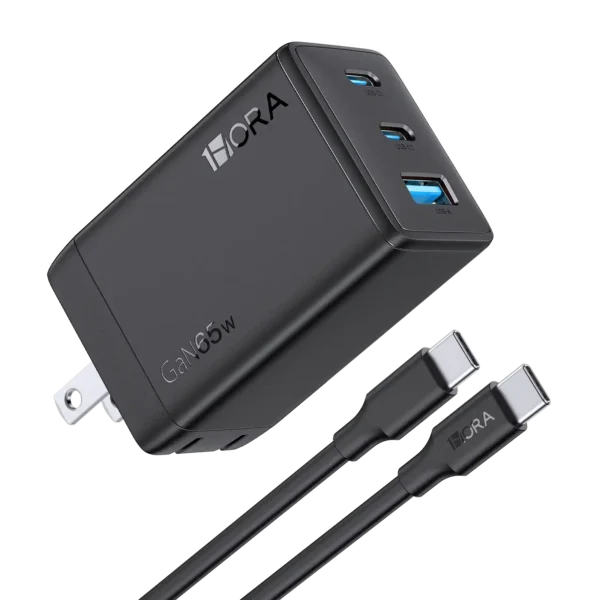Cargador GaN 3 en 1 65W GAR322 - 2 Puertos Tipo C + 1 USB-A + Cable Tipo C 2m - Carga Rápida