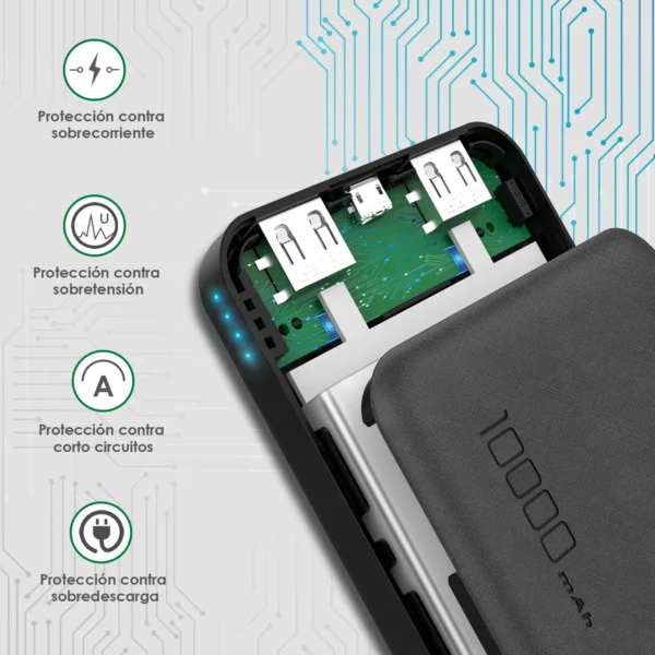 GAR094 Power Bank 10000mAh Batería Portátil - 2 Puertos USB + Cable Tipo C