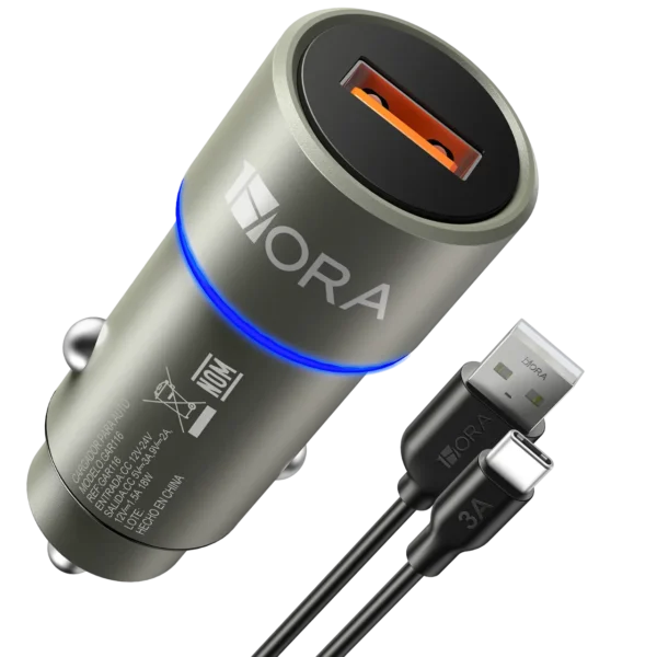 Cargador para Auto GAR116 USB-A QC 3.0 + Cable Tipo C - Carga Turbo 18W