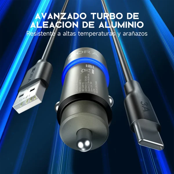 Cargador para Auto GAR116 USB-A QC 3.0 + Cable Tipo C - Carga Turbo 18W