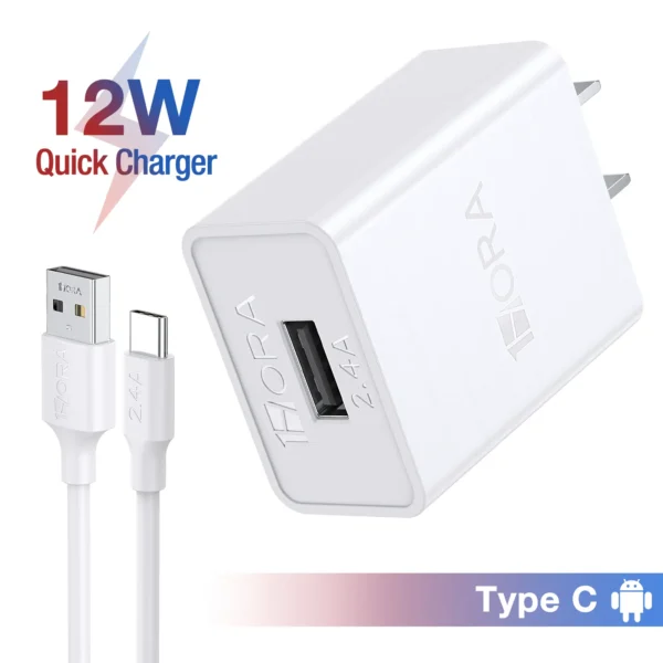 Cargador GAR142 Carga Rápida Tipo C USB 2.4A - Incluye Cable Tipo C de 1m - Color Negro - Marca 1 Hora