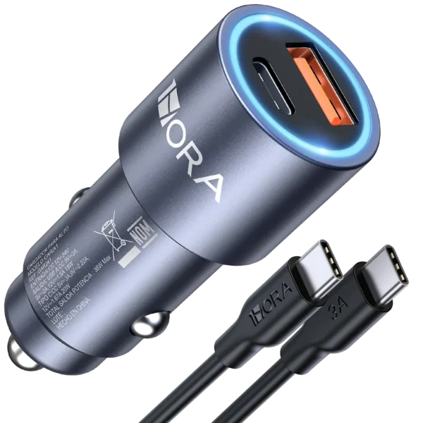 Cargador GAR241 para Auto 38W Rápida - PD 20W + QC 3.0 18W + Cable Tipo C