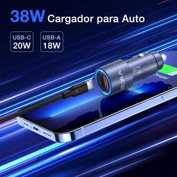 Cargador GAR241 para Auto 38W Rápida - PD 20W + QC 3.0 18W + Cable Tipo C